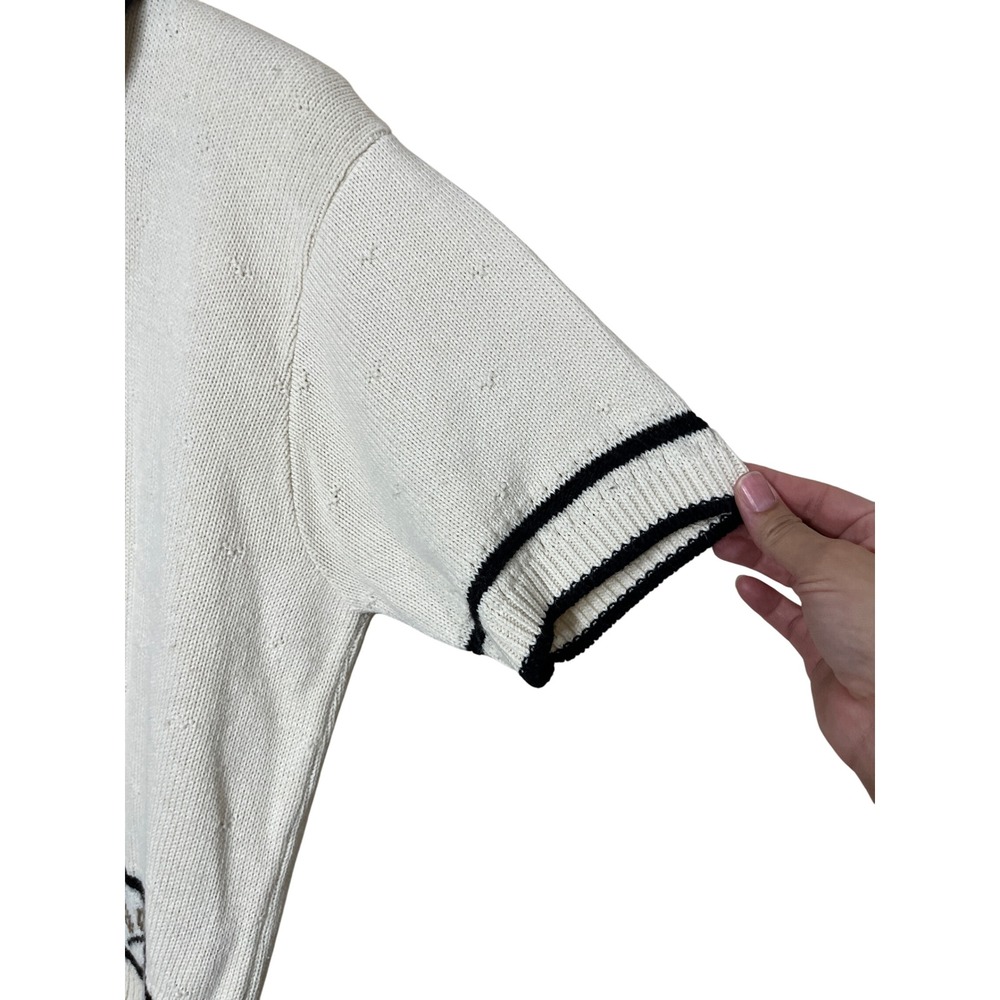 Womens Vintage Cream Knit‎ Polo Shirt Short Sleeve Leaf Trim Buttons Top  size L - Picture 2 of 3